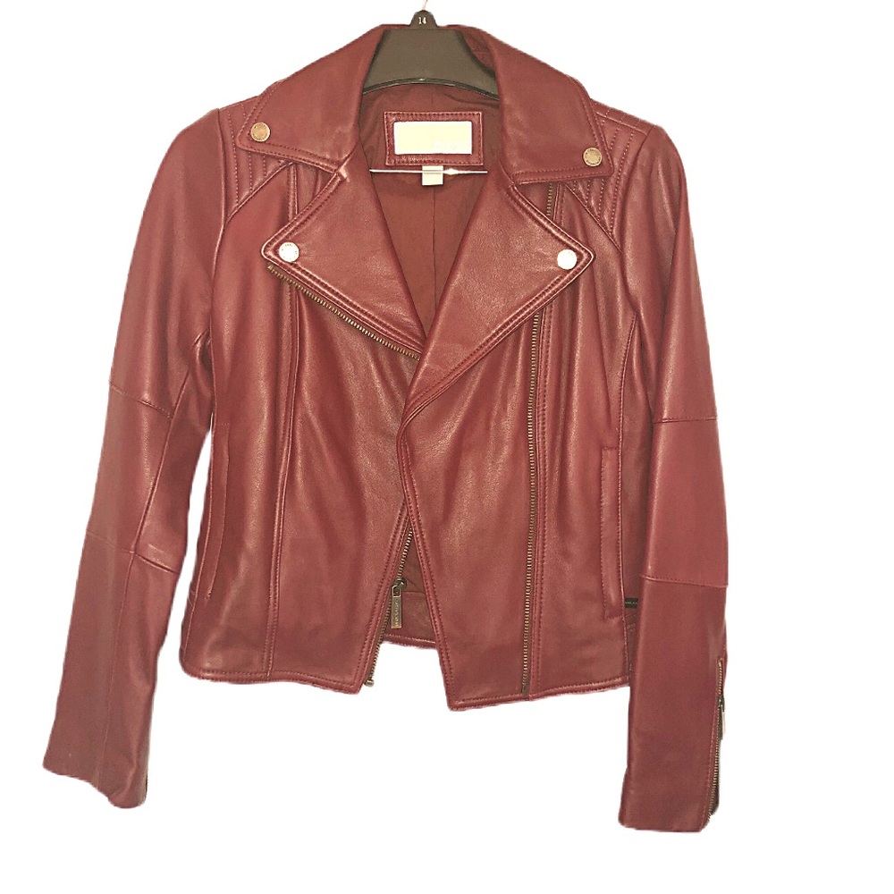 Michael Kors Burgundy Asymmetrical Leather Jacket